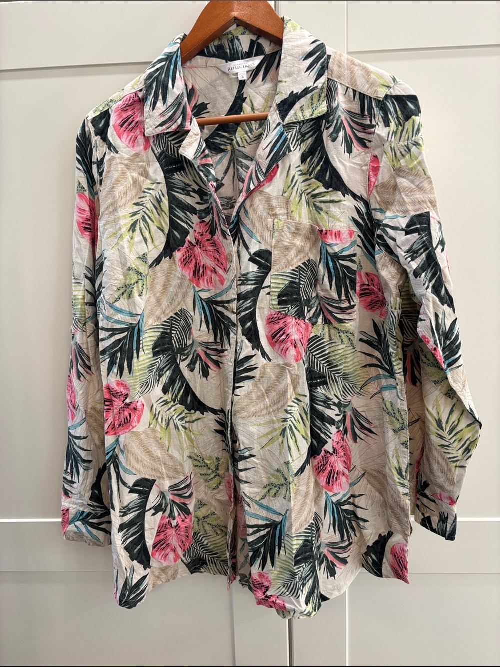 Linen Blend Northern Reflections Tropical Pink & Green Button-Down Shirt
